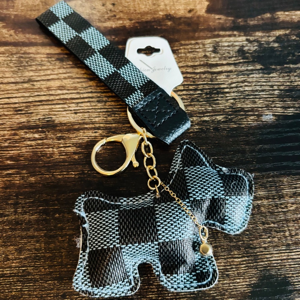 Black Gray Checkered Dog Keychain Wristlet Gold Tone Hardware Bell Charm